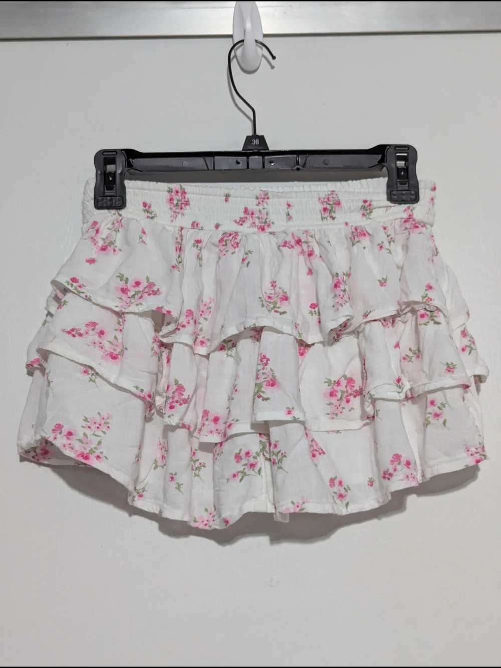 Hollister White Mini Skirt with Pink Floral Ruffles